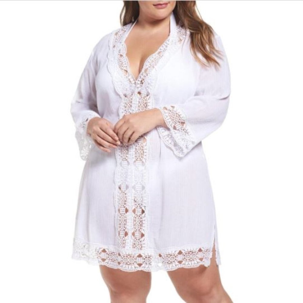 La Blanca Women's Island Fare V-Neck Tunic Cover Up Swimwear, White, 1X
